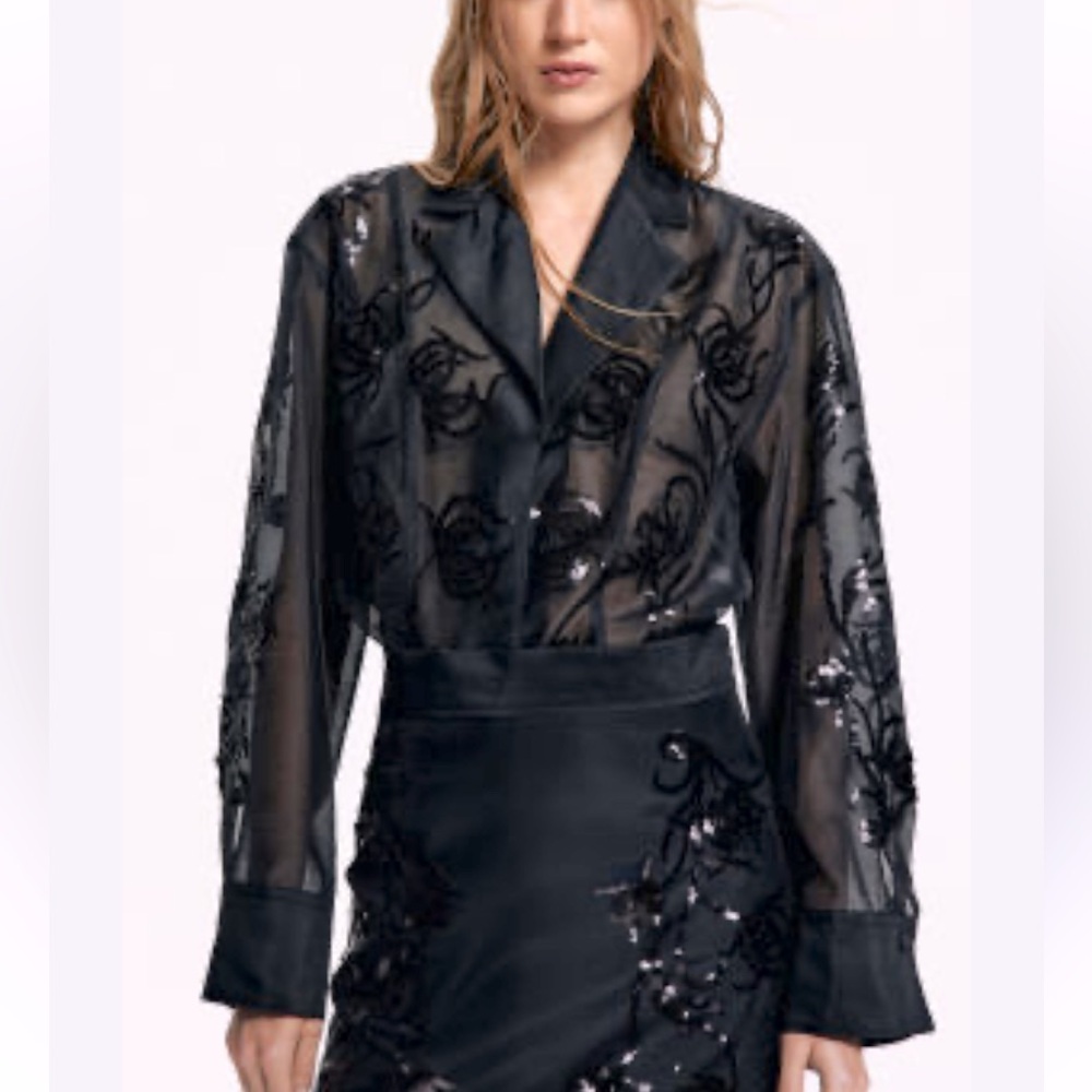 H&M Edition black sequined organza button down shirt in black Small